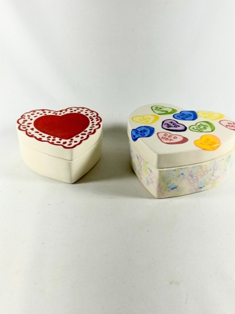 Heart Boxes, Ceramic Pair, Handmade 2002 By Local Artist
